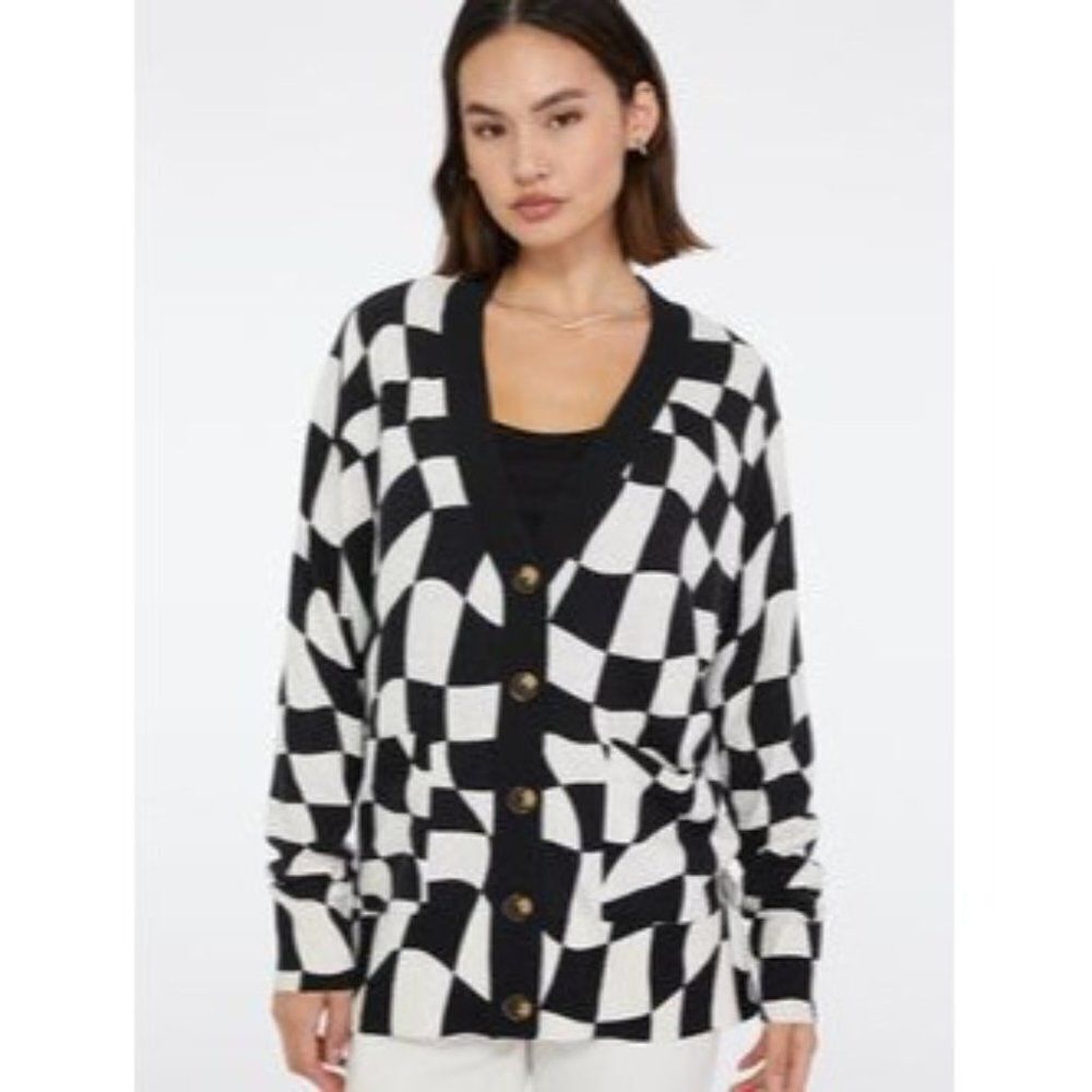 Sanctuary Cityscape Cardi Black Warped Check Button Up Cardigan Sweater Size XS